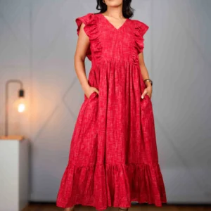 casualwear,cotton dress, red, ankle length, woman